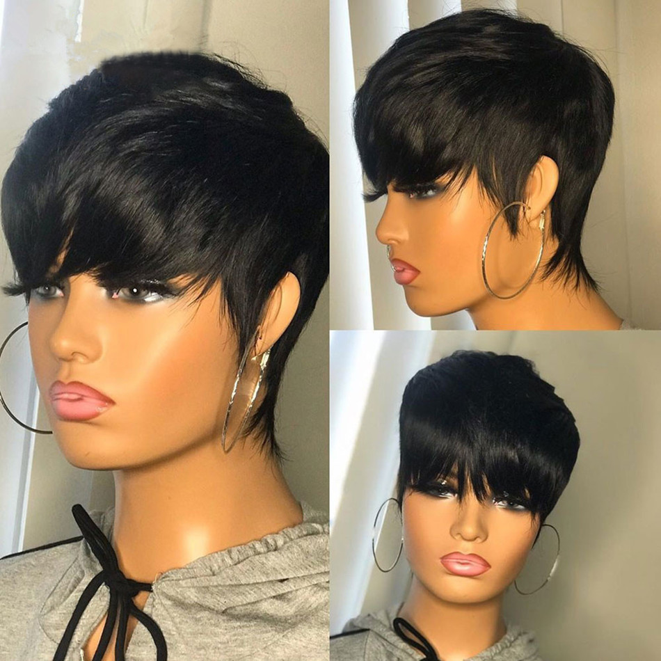 Short Pixie Cut Wig Human Hair Cheap - วิกผมแท้สั้นทรงพิกซี่ ผมตรง วิกผมบราซิลเลียนสำหรับผู้หญิงผิวสี วิกผมทำเครื่องพร้อมหน้าม้า ราคาถูก วิกผมไร้ลูกไม้