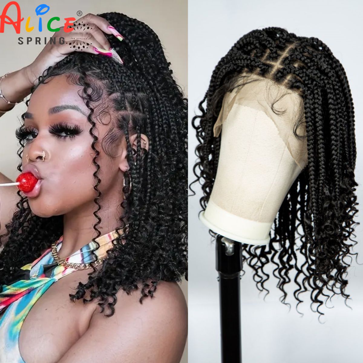 Synthetic Braided Wigs For Black Women - Knotless กล่อง Braided Wigs กับปลายหยิกสังเคราะห์เต็มลูกไม้ถักวิกผมลูกไม้สั้น Boho