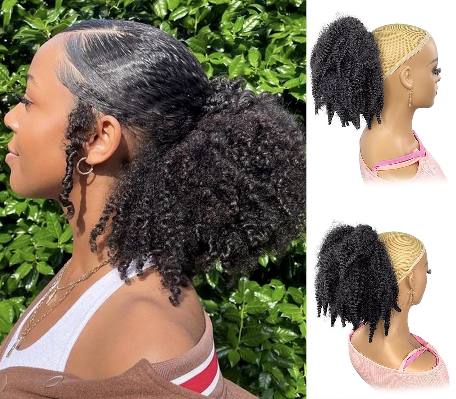 Drawstring Afro Curly Puff Ponytail - ผมมาร์เลย์แบบสั้น 12 นิ้ว หางม้าแบบผูกเชือก สีน้ำตาลดำ 4C