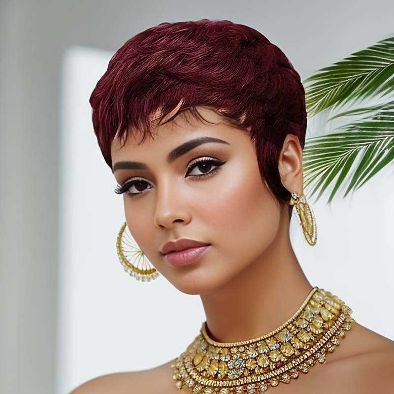 Short Pixie Cut Wig Human Hair Cheap - วิกผมสีแดง วิกผมสั้นทรงพิกซี่สำหรับผู้หญิงผิวดำ 99j # วิกผมสีแดงเข้ม วิกผมบ๊อบสั้นราคาถูก