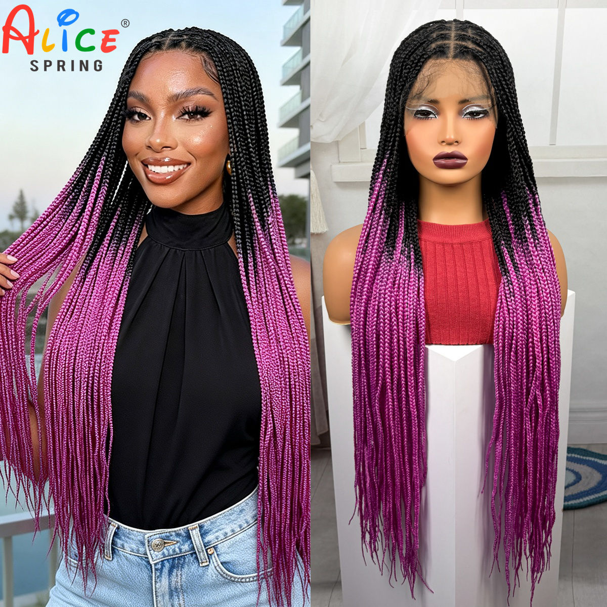 วิกผมถักเปียสีชมพูยาว 36 นิ้ว  - Synthetic Braided Wigs For Black Women บทวิจารณ์และราคา