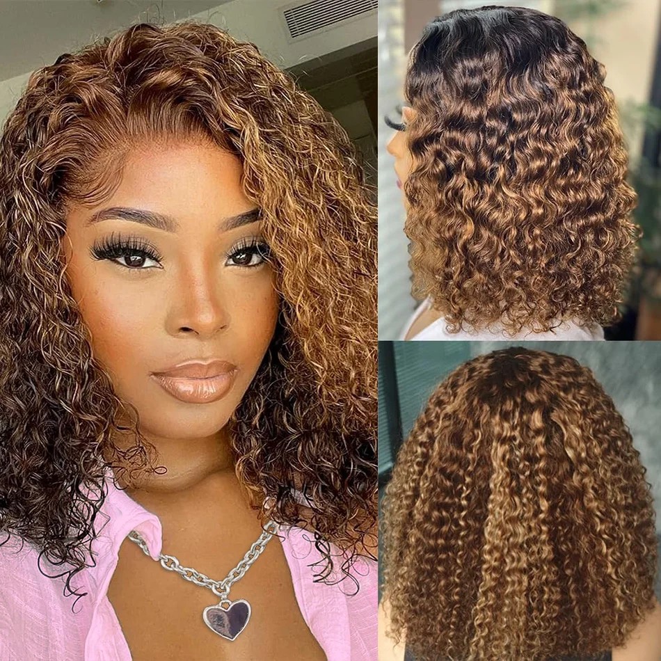 วิกผมบ๊อบสั้นลอนหยิกไฮไลท์ P4/ - Glueless Wear And Go Human Hair Wig บทวิจารณ์และราคา